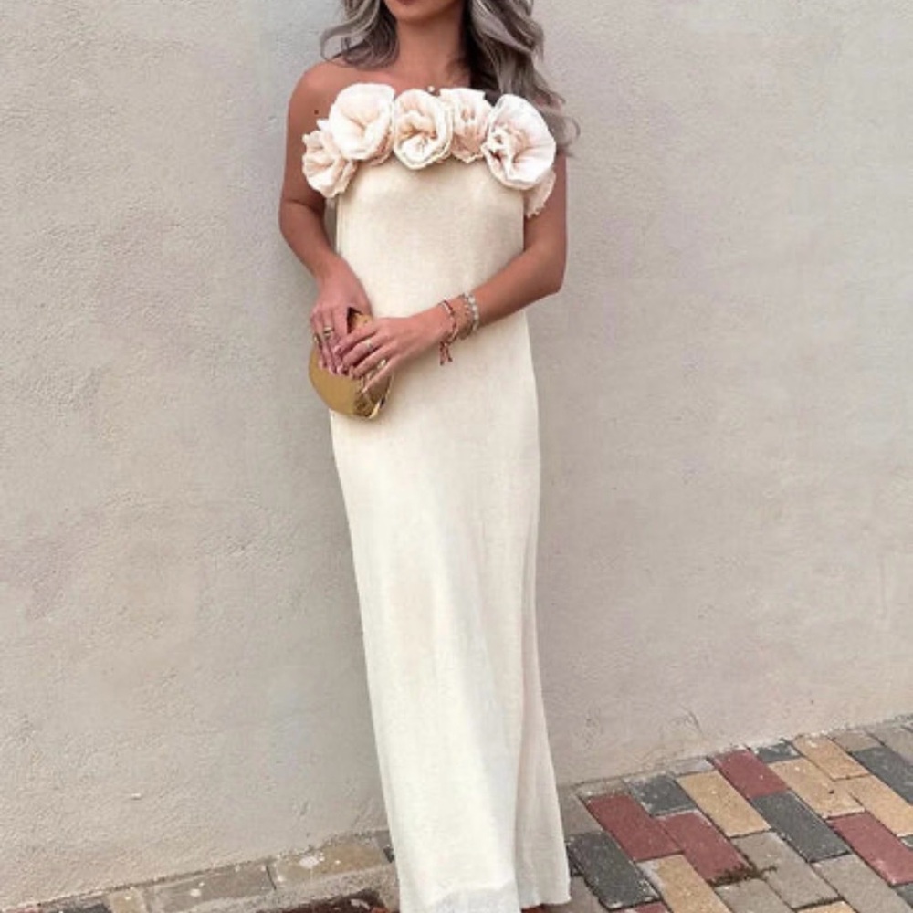 3D Rose Applique Dress / Sleeveless Crepe Beach Maxi Dress